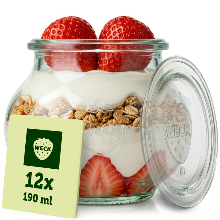Weck Gläser 190ml – 12er Set mit Deckeln – Schmuckform – robuste, stapelbare Vorratsgläser &amp; Einweck