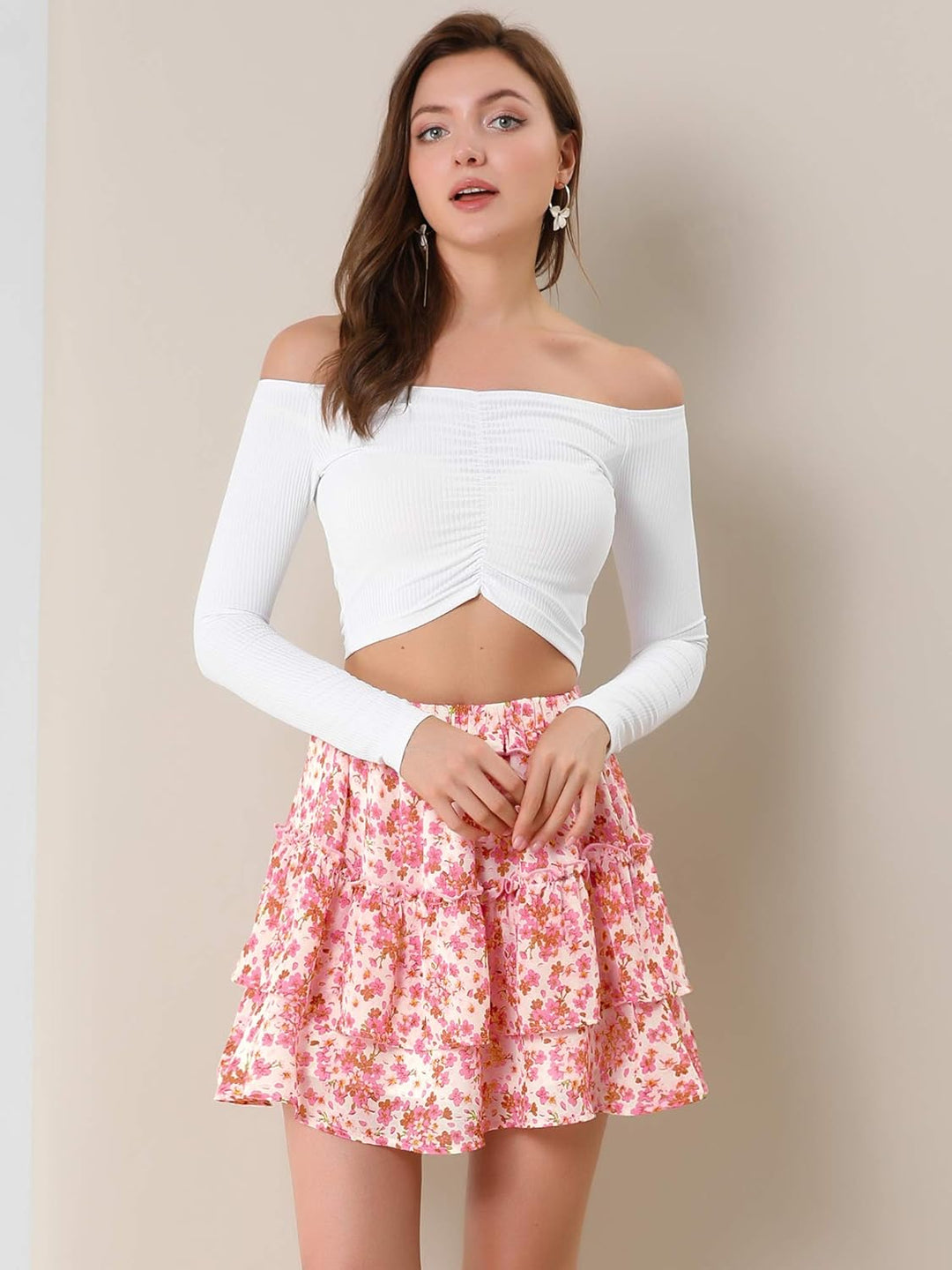 Allegra K Damen Stufenrock Mini A-Linie Geschichtet Chiffon Blumen Kurz Minirock Rock S Rose, S Rose