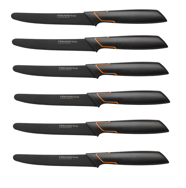 Fiskars 6 Stück Tafelmesser - Tomatenmesser Edge mit Wellenschliff rostfrei - Modernes Design - Schw