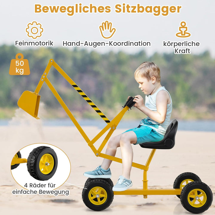 DREAMADE Sandbagger für Kinder, Aufsitzbagger mit 360° drehbarem Sitz, flexiblem Schaufelarm, ergono