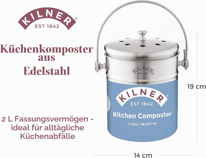 Kilner Küchen Komposter Edelstahl | 2 Liter Biomülleimer Küche | 17,5x14,5x20 cm | Deckel mit Luftlö