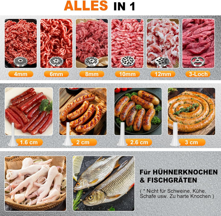 Anatole Fleischwolf Elektrisch Profi Hackfleisch Maschine 1300W Edelstahl Multi Wurstmaschine mit 4/