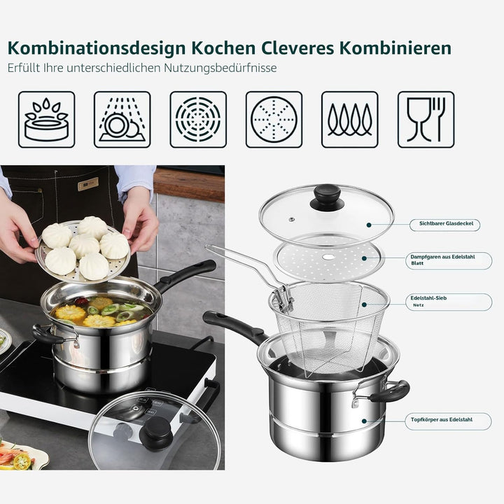 Fritteusen Set Edelstahltopf Kleine Fritteuse Chips Pfannen mit Korb und Deckel Pasta Sieb Drahtkorb