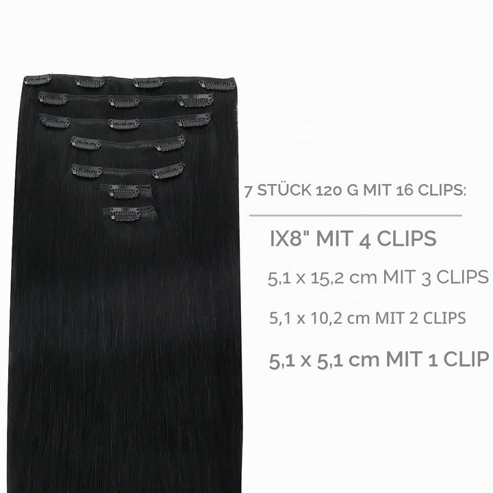 WENNALIFE Clip in Extensions Echthaar, 45cm 18 Zoll 120g 7pcs Tief Schwarz Hair Extensions Clip in E