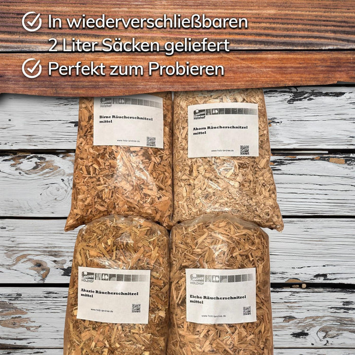 Landree® Starter-Set Räucherschnitzel Vegetarischer Genuss – 4x2L Akazie, Ahorn, Birne, Eiche – BBQ