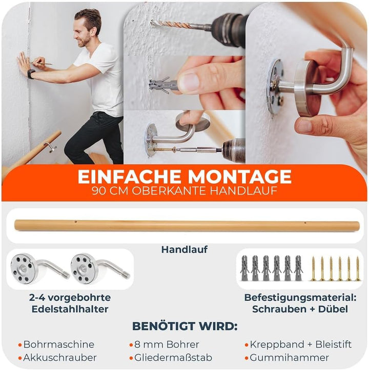 Handlauf Set Holz Buche 45mm rund inkl. 2 Edelstahlhalter zum Einschrauben (190 cm) 190 cm + 2 Halte