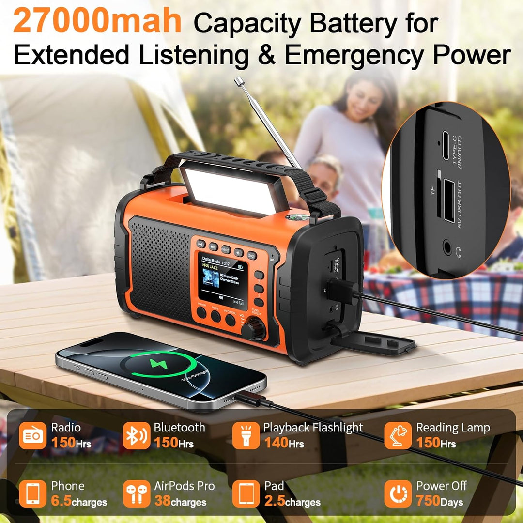 27000mAh DAB+/FM Notfallradio mit Powerbank – Tragbares Solar- & Kurbelradio mit Bluetooth 5.3, SOS,