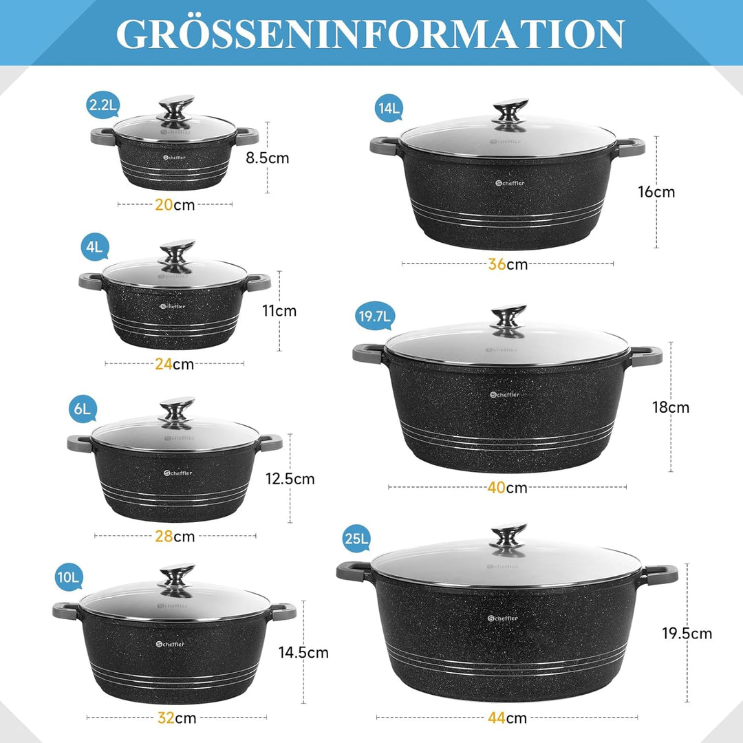 Scheffler Topfset mit Glasdeckel, 28cm,6L/32cm,10L, /36cm,14L, Kochtopf Set Induktions Töpfe Set, mi
