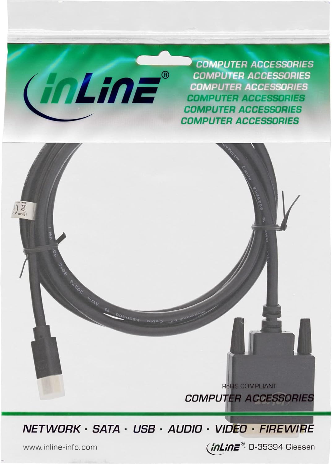 InLine 17222 Mini DisplayPort zu DVI Kabel, Mini DisplayPort Stecker auf DVI-D 24+1 Stecker, schwarz