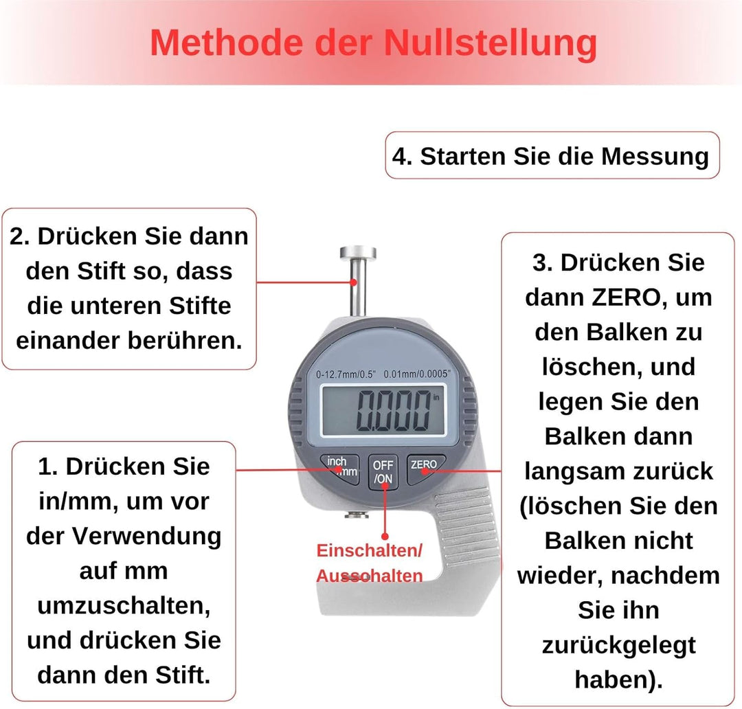 Dickenmessgerät, Digital Thickness Gauge Flat Measure Head Precise LCD Display Readout Percentage El