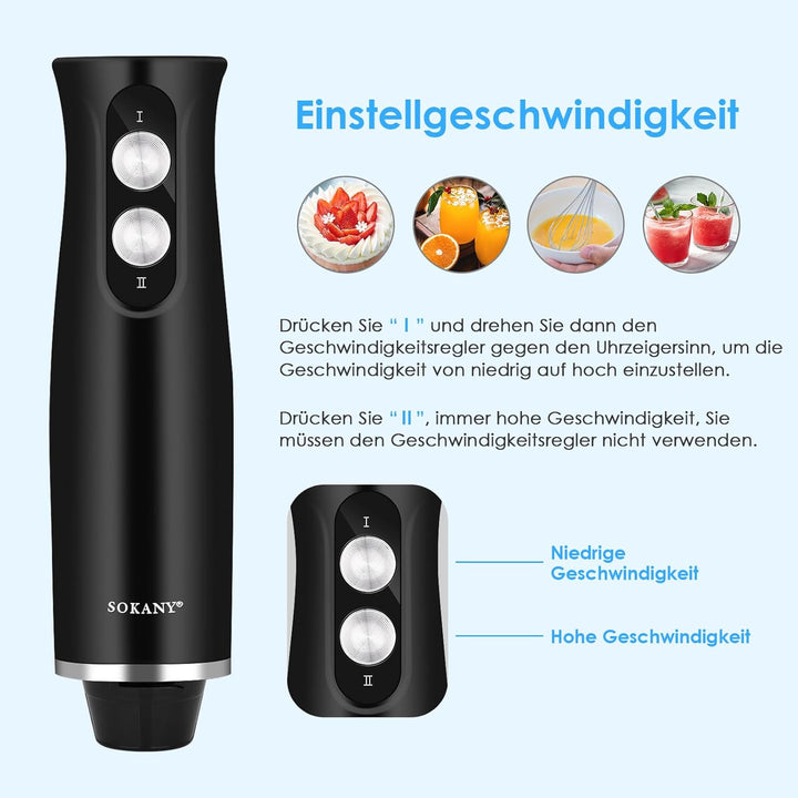 Dreamhigh 4-in-1 Elektrische Stabmixer Set, 500W Pürierstab mit 2 Geschwindigkeiten, inkl. Schneebes