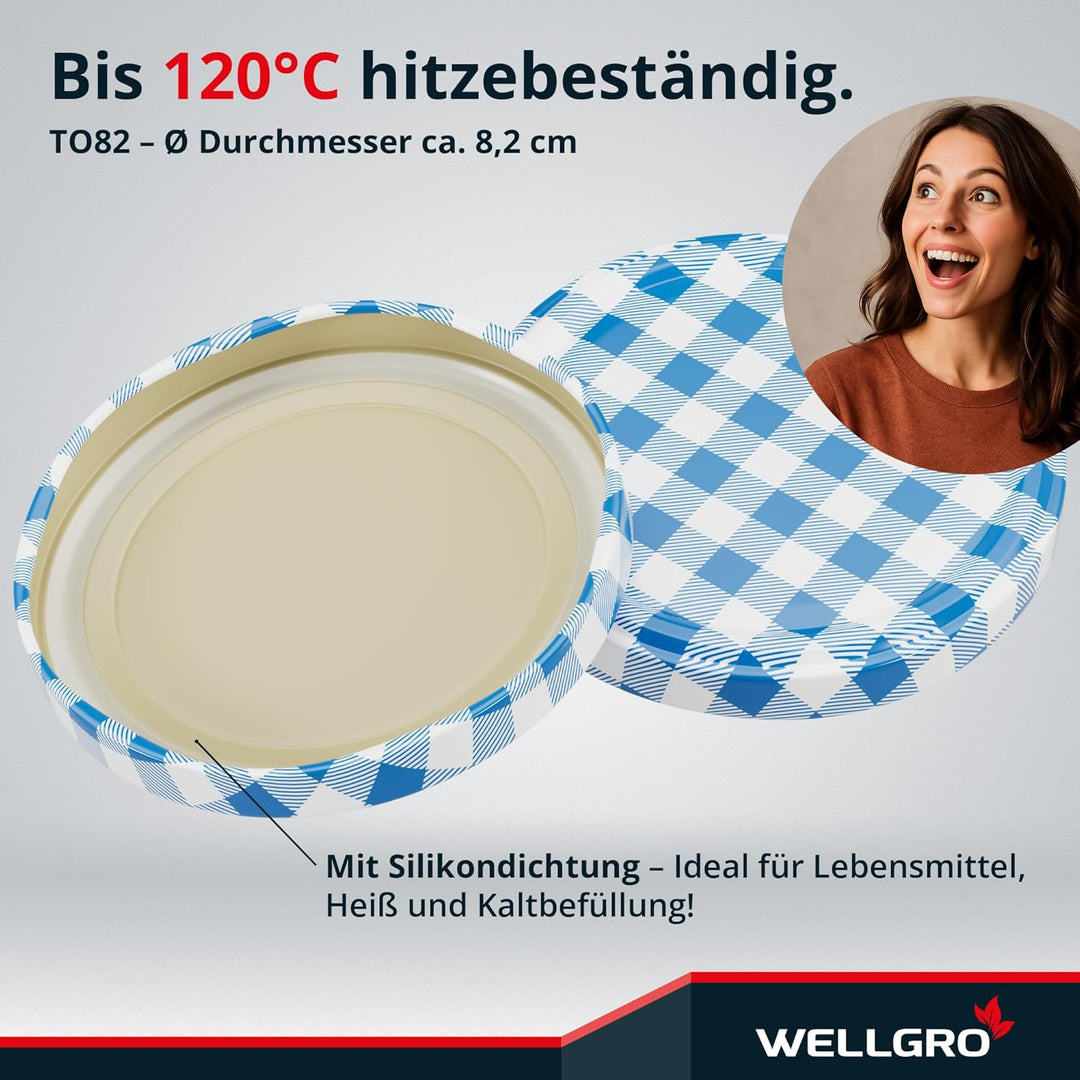 WELLGRO 200x Einmachgläser mit Schraubdeckel - 435 ml, 8,5 x 12 cm (ØxH), Glas/Metall, blau karierte