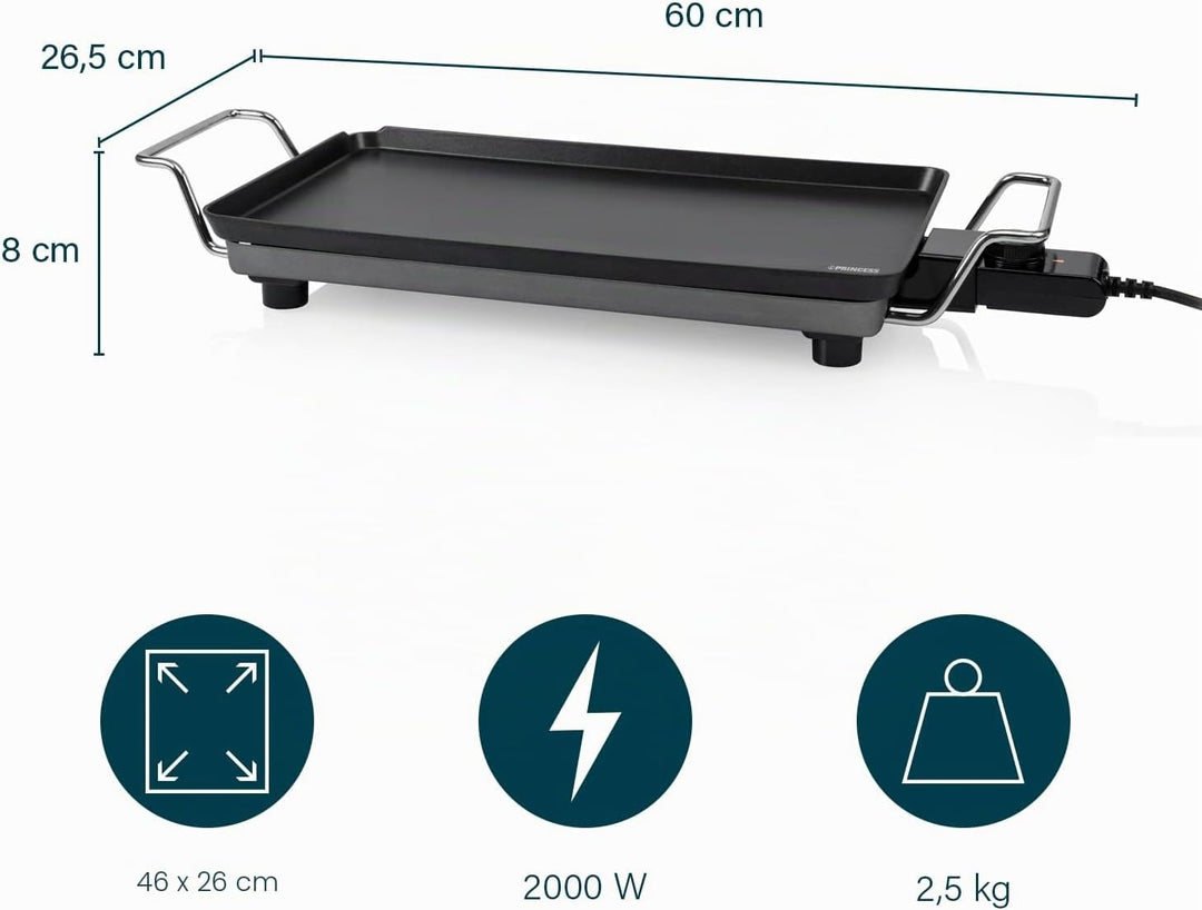 Plancha Princess Chef Pro Classic schwarz – Aluguss – 4 Personen – 46 x 26 cm – 2000 W, 46 x 26 cm