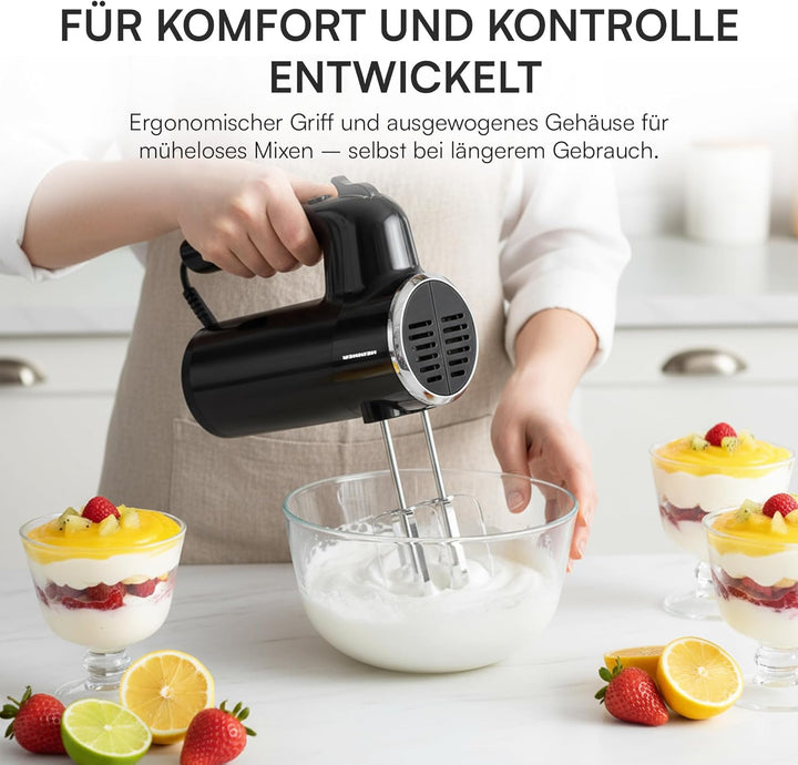 HM-300BK Hand Mixer – 300W Power, 5 Speed Settings + Turbo Function, Stainless Steel Beaters &amp; Dough