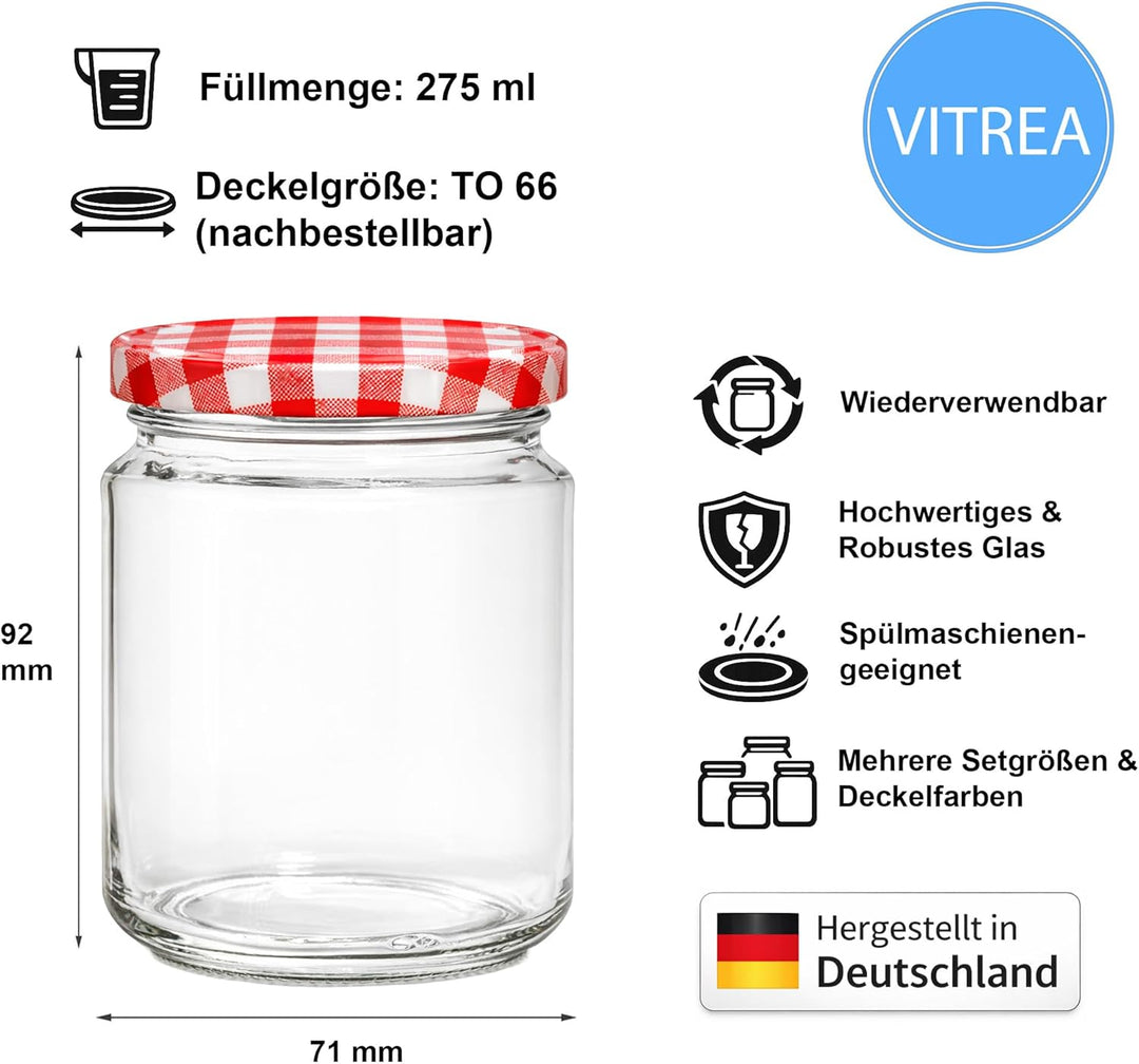 Vitrea 50x Marmeladengläser 275 ml - mit Deckel Rot Kariert TO 66 - Einmachgläser zum befüllen mit S