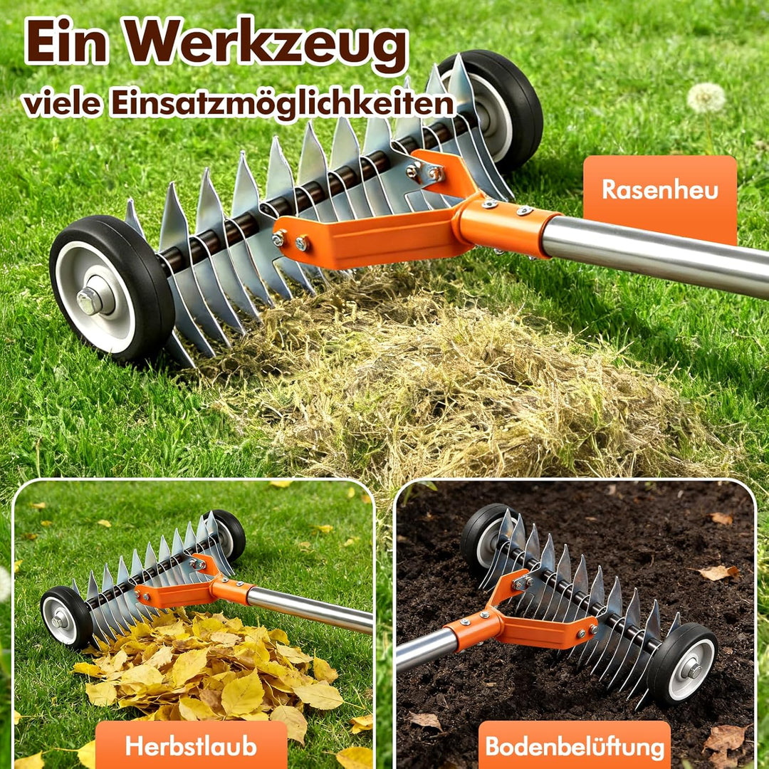 Vertikutierer Rechen mit Rädern,166cm Handvertikutierer,Manueller Vertikutierer mit Verstellbarer St