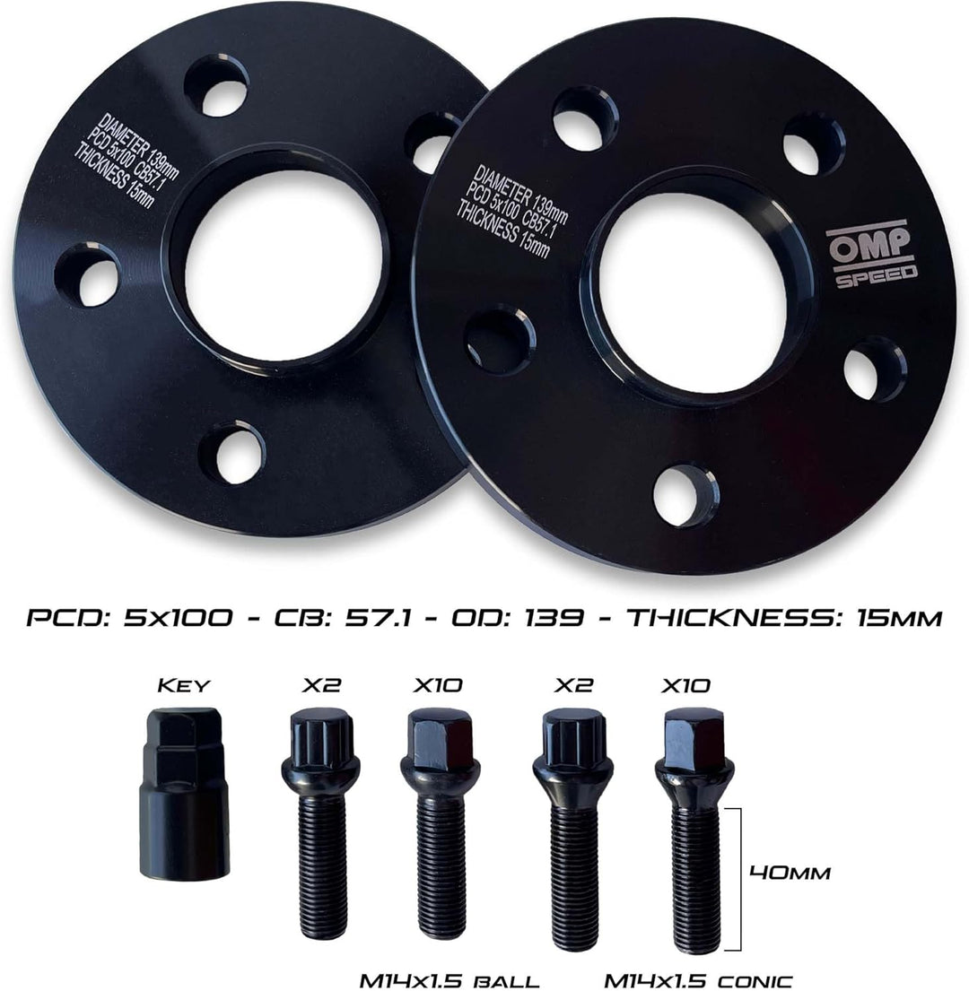 OMP SPEED SET ABSTANDHALTER OMP 15MM 5X100 57.1 M14X1.5 CONIC+14X1.5 BALL 5x100 57.1 15mm, 5x100 57.