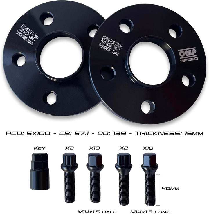 OMP SPEED SET ABSTANDHALTER OMP 15MM 5X100 57.1 M14X1.5 CONIC+14X1.5 BALL 5x100 57.1 15mm, 5x100 57.