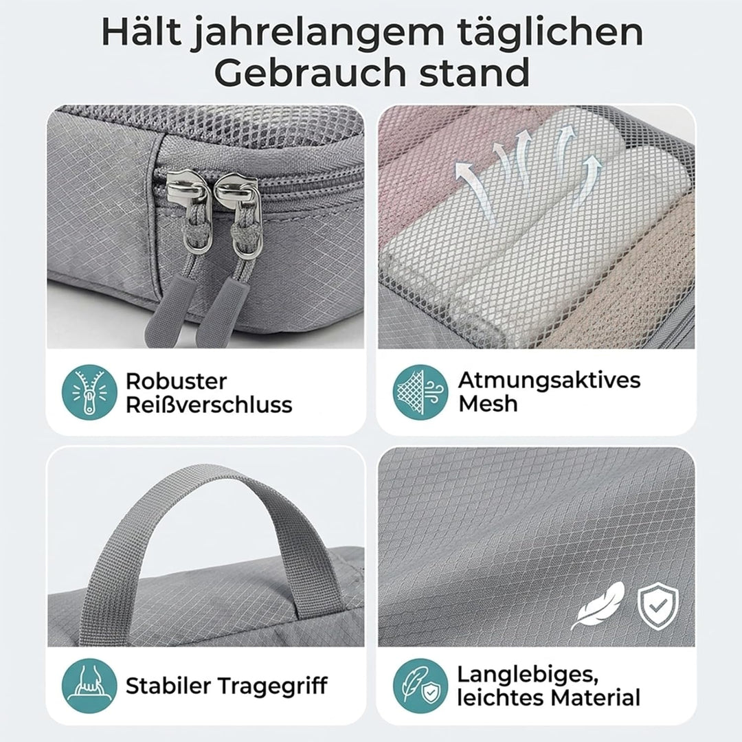 Koffer Organizer, 6er Set Packing Cubes Kompression Grau mit Langgriff, Premium Packwürfel für Reise