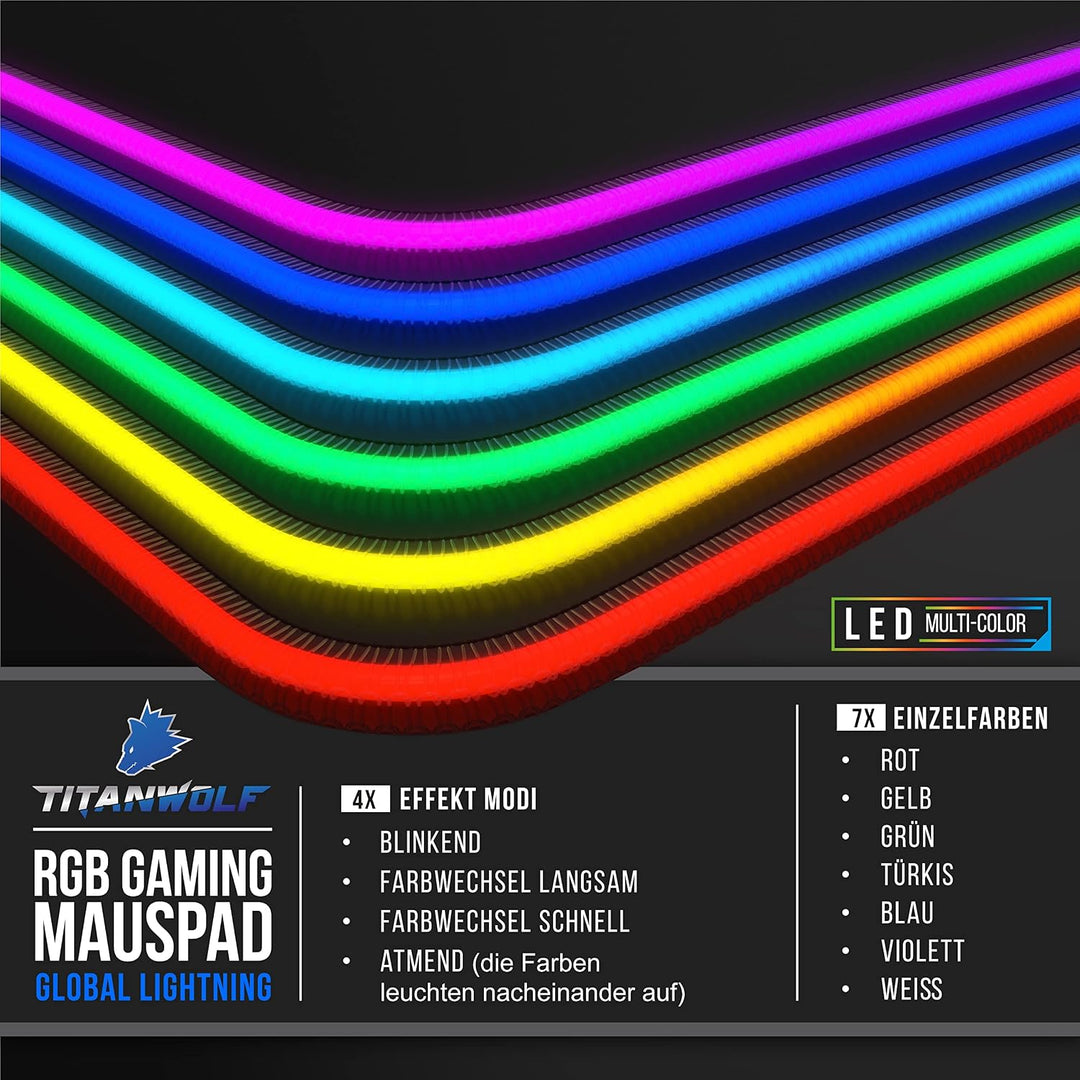 Titanwolf - XXXL RGB Gaming Mauspad – 1200 x 600 mm - Mousepad - LED Multi Color - 7 LED Farben Plus