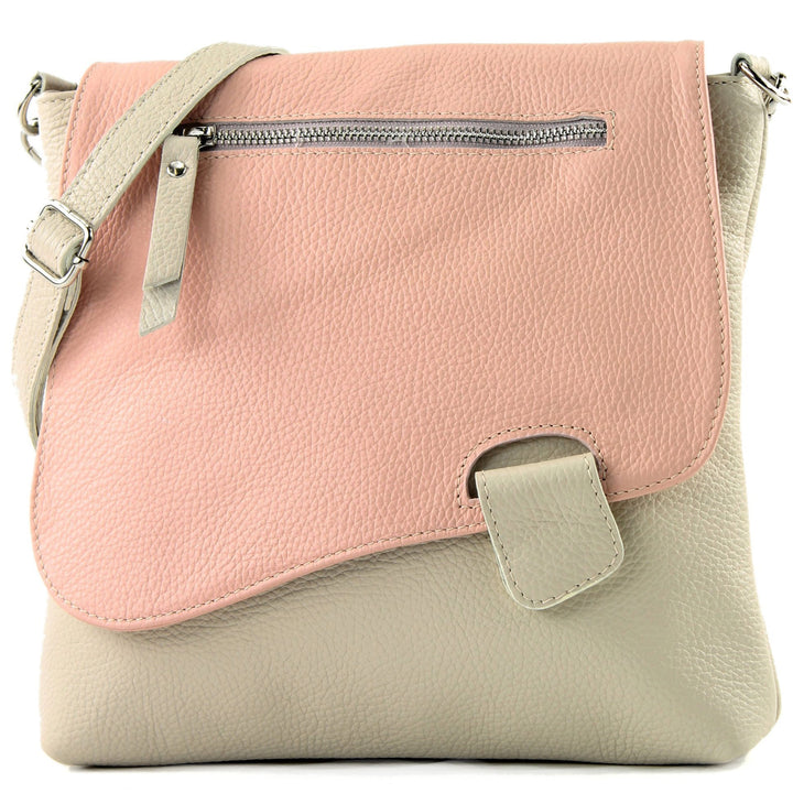 modamoda de - T146 - ital Messengertasche Umhängetasche aus Leder Cremebeige/Rosa, Cremebeige/Rosa