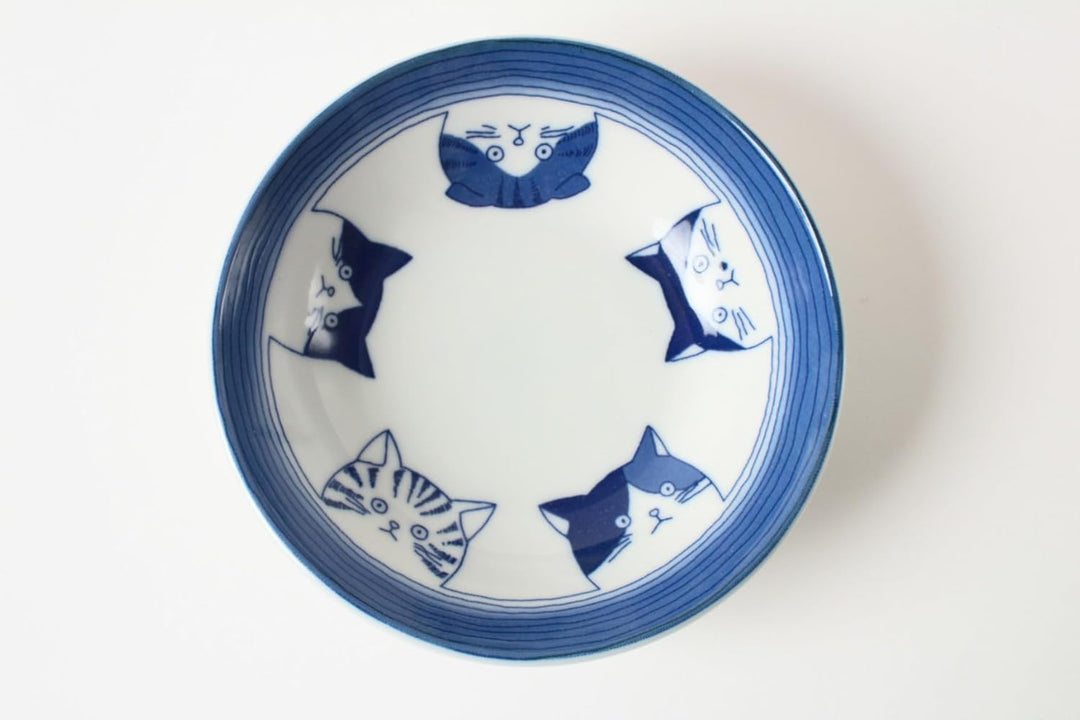 Mino ware GBS204 japanische Keramikteller, rund, fünf Katzengesichter, Weiss und Blau, hergestellt i