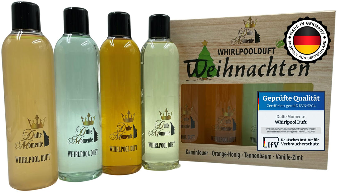 Whirlpoolduft 4 x 250ml in attraktiver Umverpackung - Kaminfeuer, Orange-Honig, Tannenbaum und Vanil