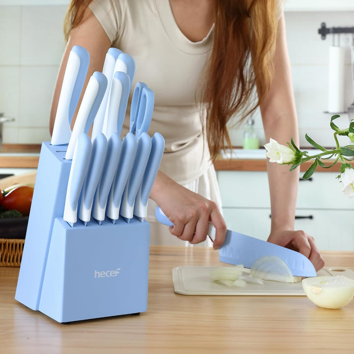 hecef 14-teilig Messerblock mit Messer, Blau, Antihaft-Beschichtung – Spülmaschinenfest, Messerblock