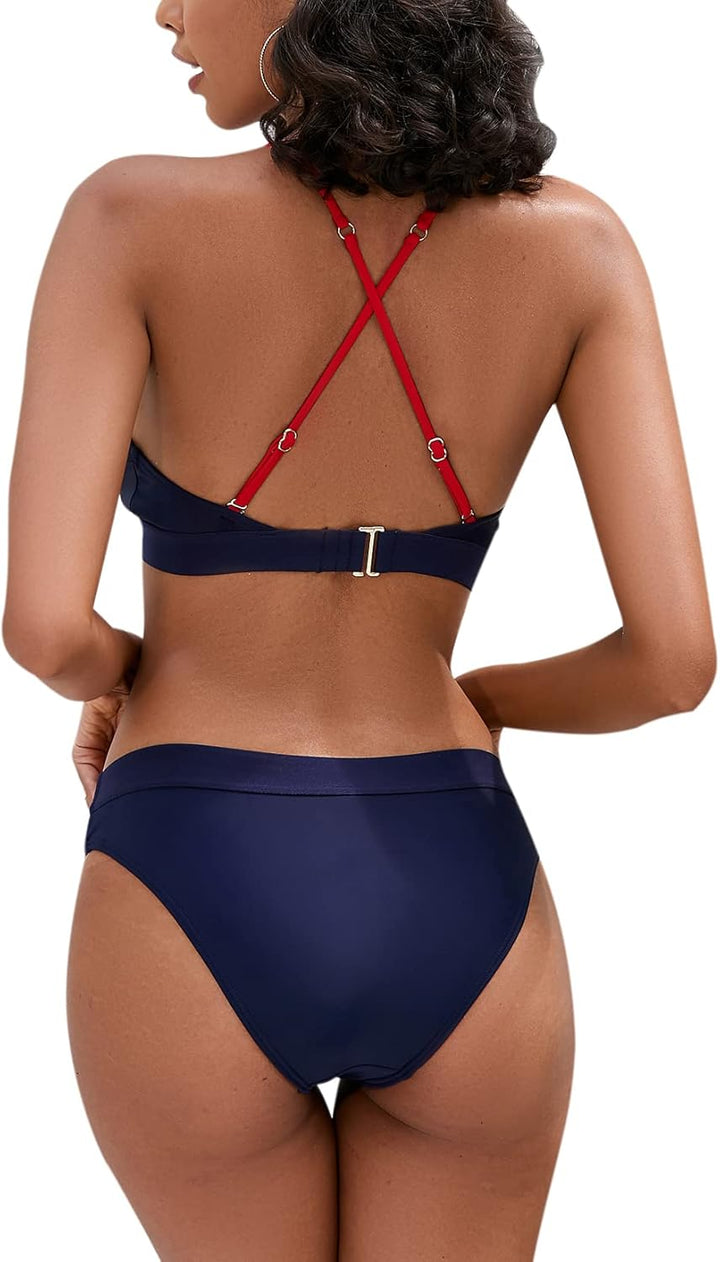 iSLASISIA Damen Bikini Set, Triangel, breites Unterbrustband, Bademode, Badeanzug 36 Marineblau, 36