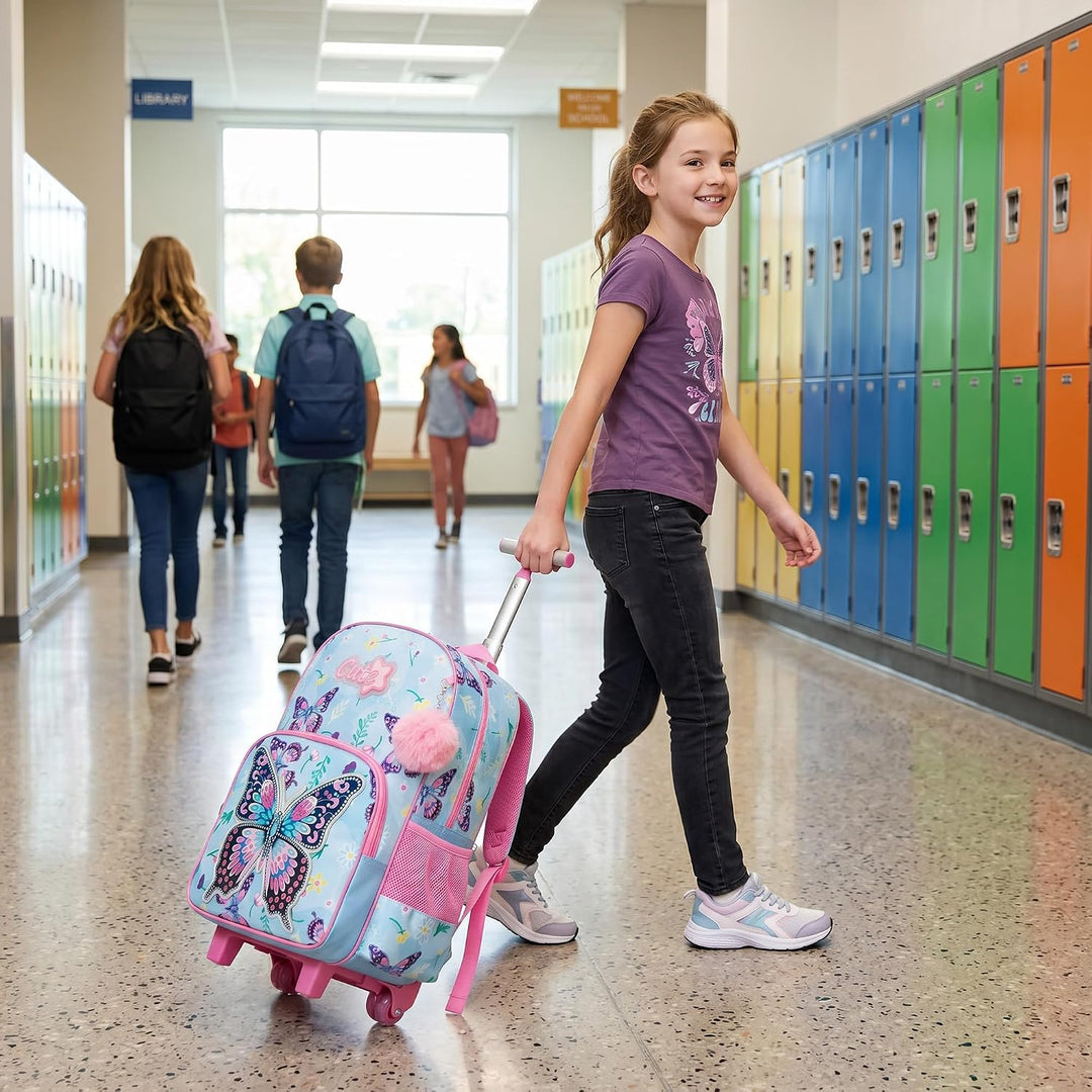 HTgroce Schulrucksack Trolley Mädchen (Schmetterling Design) – Ergonomischer Schulranzen mit Rollen