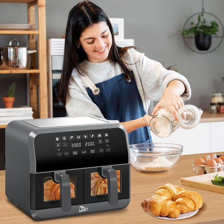 Uten Doppel Heissluftfritteuse, 8L Heissluftfritteuse Dual Zone Sichtbar, XXL Airfryer mit 2 Kammern