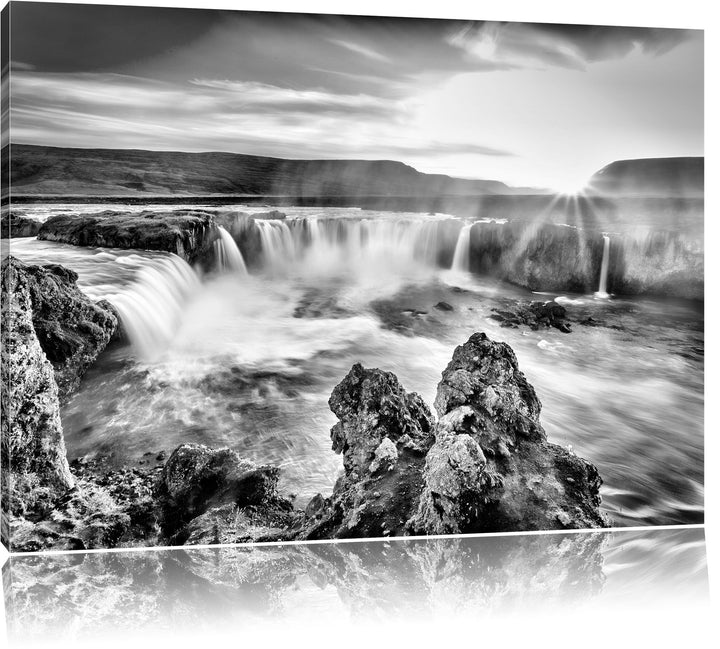 Pixxprint Monocrome, Idyllische Wasserfälle bei Sonnenuntergang, Format: 100x70 auf Leinwand, 100x70