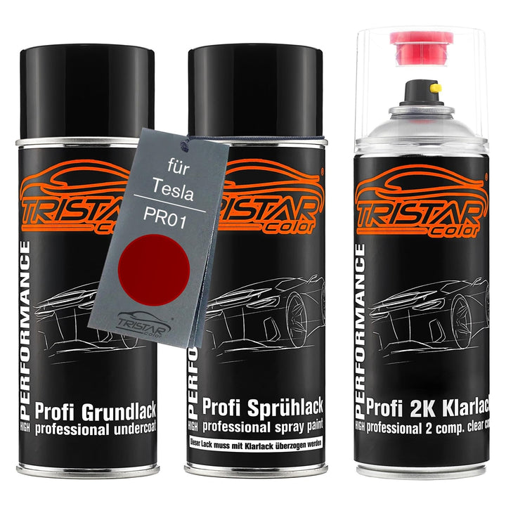 TRISTARcolor Autolack 2K Spraydosen Set für Tesla PR01 Ultra Red Metallic Grundlack Basislack 2 Komp