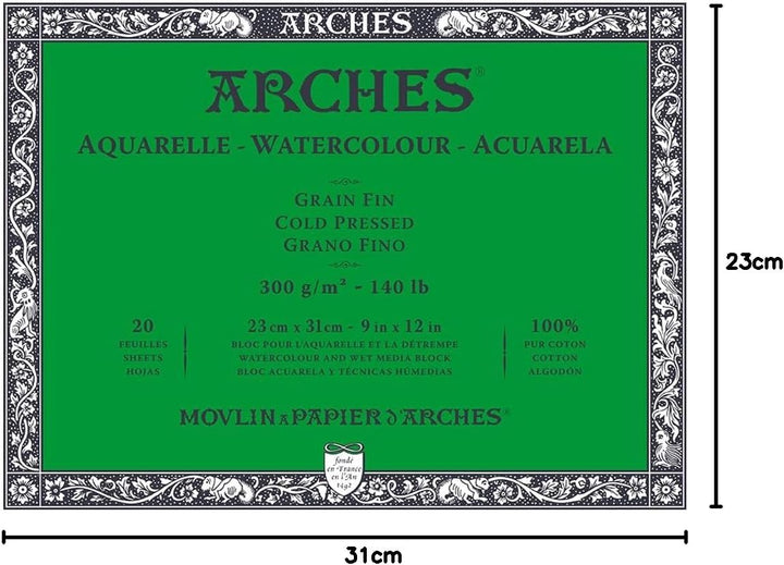 ARCHES A1795060 Aquarelle 100% fein, 300 g, geleimt, 4 l, 23 x 31, 20 Blatt, naturweiss