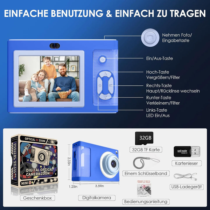 Digitalkamera, ARNSSIEN 1080P Vintage Digitalkamera für Kinder, 2,4" Bildschirm mit 16 LED-Fülllicht