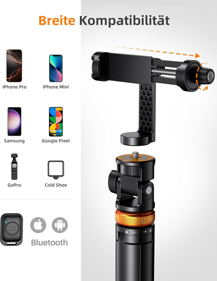 eucos Handy Stativ, Stativ für Smartphone und Selfie Stick mit Fernbedienung, 158CM Hochrobust Struk