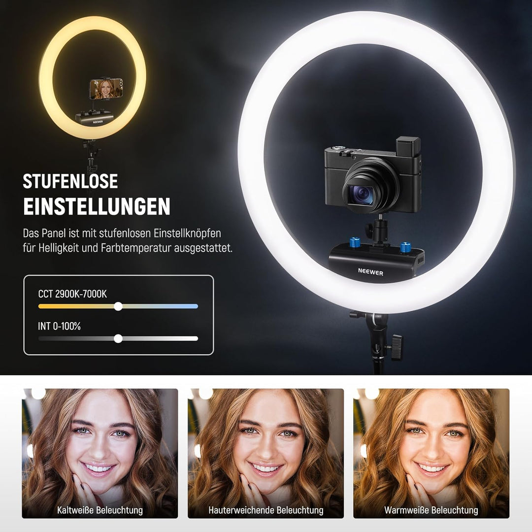 NEEWER RP18B Pro Ringlicht 18“ mit Stativständer und Handyhalterung Kompatibel mit iPhone, 45W 2900K