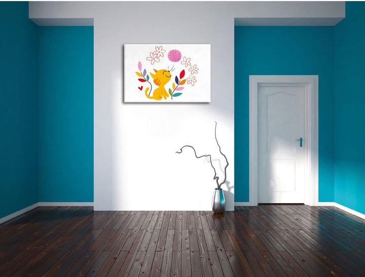 Pixxprint Niedliche Katze mit Wollknäuel als Leinwandbild/Grösse: 100x70 cm/Wandbild/Kunstdruck/fert