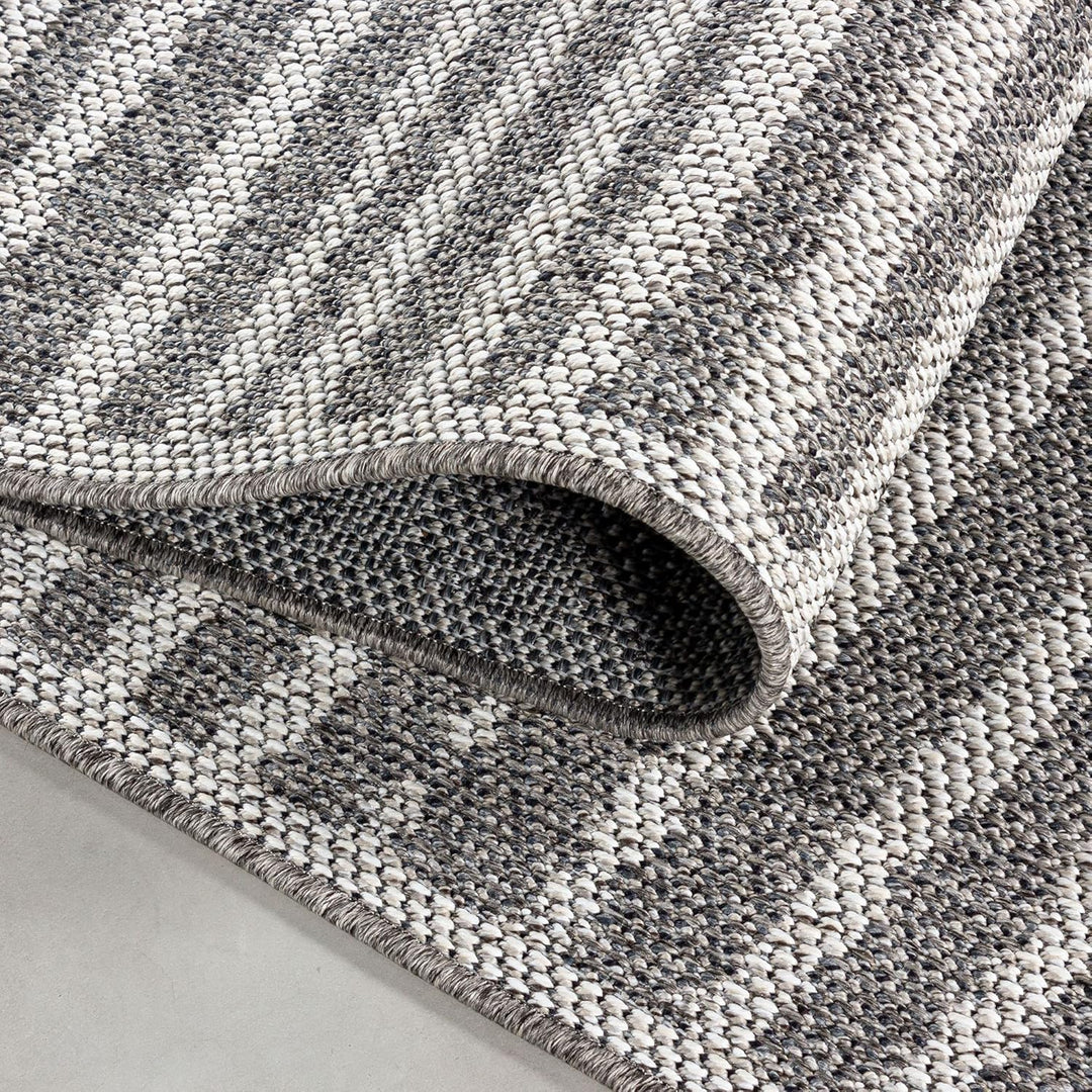In- & Outdoor Läufer Teppich Robuster, Modern Boho Design, Rechteckig, Grau und Creme Farbe, Wetterf