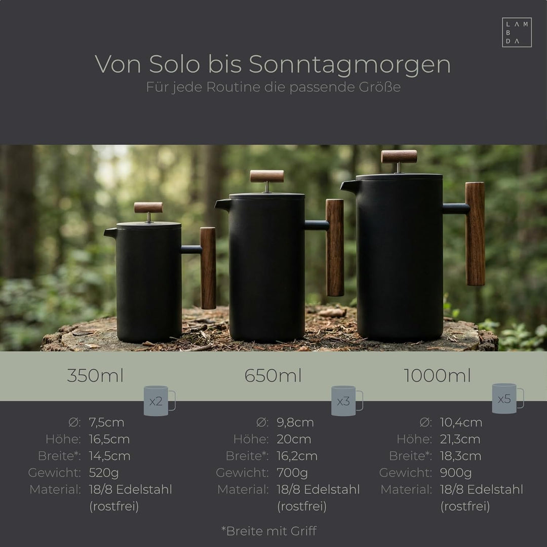 LAMBDA COFFEE® CALDERA Thermo French Press klein Edelstahl | 0,35 Liter - 1-2 Tassen I Kaffeebereite