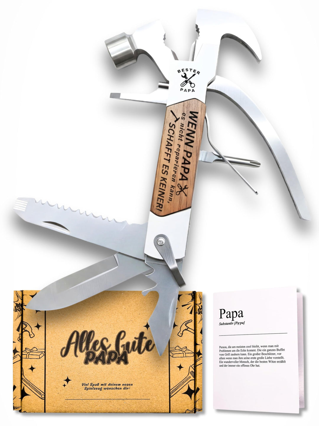 Multitool für Papa – Papa Geschenk mit Gravur – Hochwertiges Edelstahl Werkzeug mit Hammer, Messer,