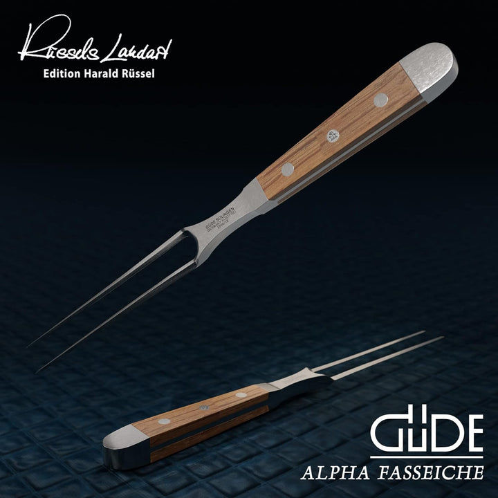 GÜDE Solingen - Fleischgabel geschmiedet, 18 cm, Fasseichenholz, ALPHA FASSEICHE, Doppelkropf, Handm