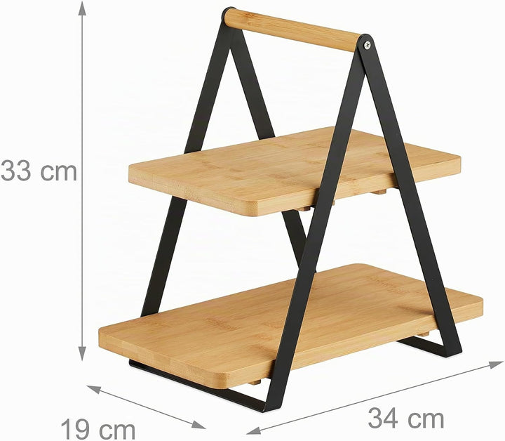 Relaxdays Etagere, 2 Etagen, Bambus, Metall, länglich, Griff, Kuchen, HBT 33 x 34 x 19 cm, Servierst