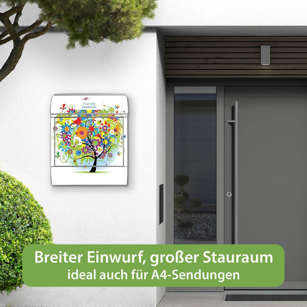 banjado® Design Briefkasten personalisiert Märchenzauberbaum 38,5x46,5x13cm & 2 Schlüssel - Briefkas