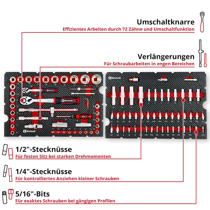 Original Einhell E-Case 92-tlg. Werkzeugkoffer Werkstatt (Werkstattausstattung, KFZ-Stecknüsse, Bit-