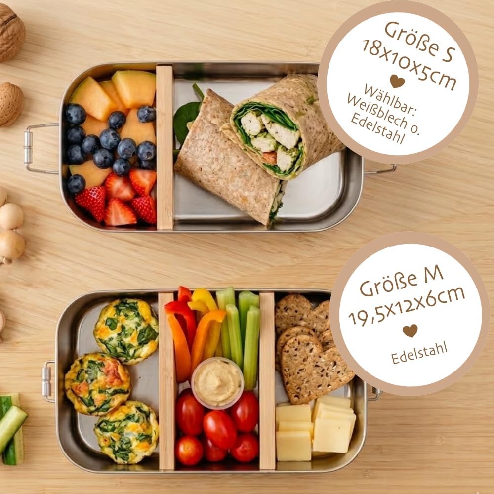 Manufaktur Liebevoll - Personalisierte Brotdose mit Fächern, Edelstahl Lunchbox mit Bambus Deckel u.