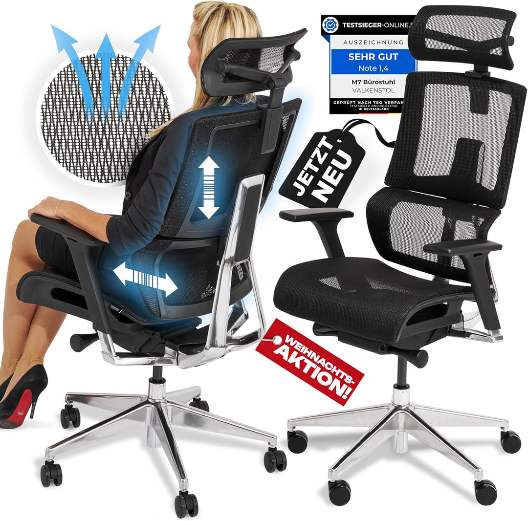 VALKENSTOL M7 Bürostuhl Ergonomisch mit Adaptiver Lordosenstütze Chefsessel Ergonomischer Bürostuhl
