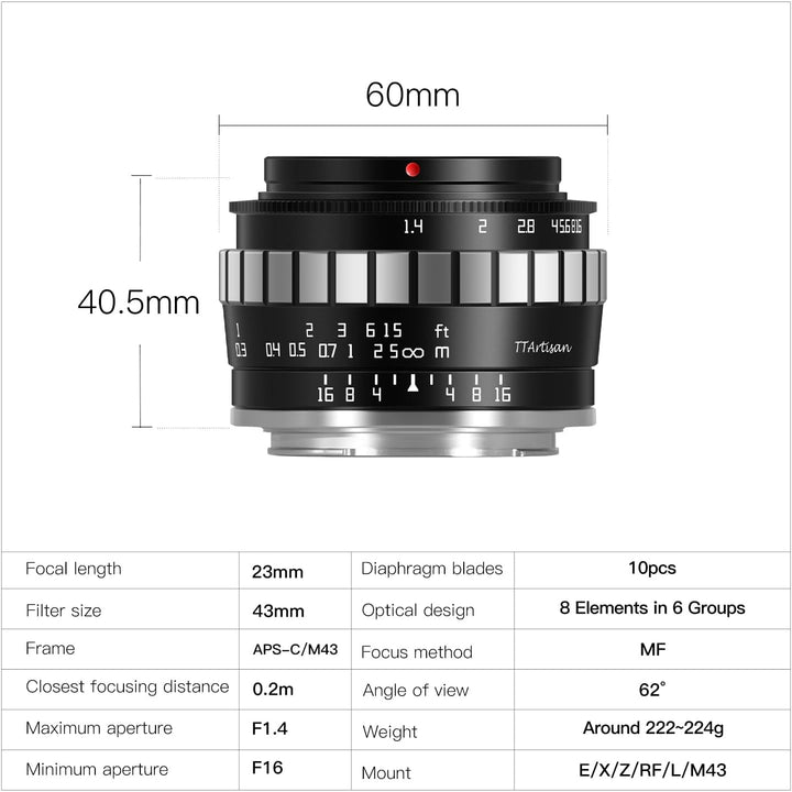 TTARTISAN 23 mm F1.4 APS-C manueller Fokus Kameraobjektiv für Sony E-Mount (E-Mount), Sony E
