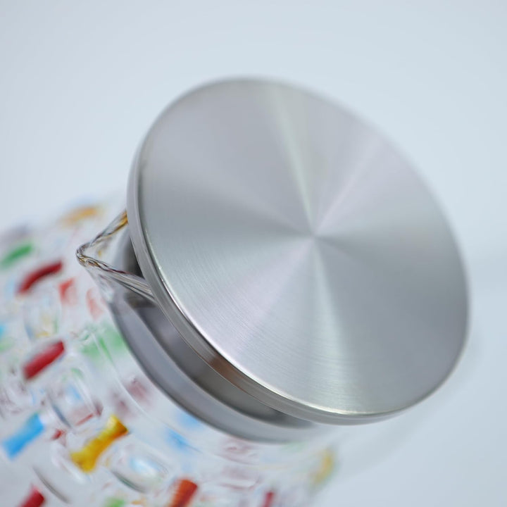 Handbemalter bunter Kristallglas-Krug mit Edelstahldeckel – buntes Webdesign, Wasserkrug, Karaffe, E