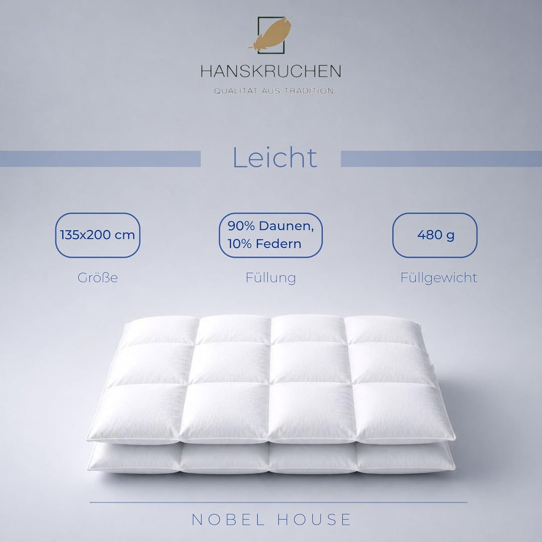Hanskruchen Nobel House Luxus Daunendecke, Leicht, 90% Daunen / 10% Federchen, 135 x 200 cm, 135 x 2